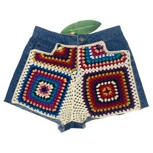 NWT Farm Rio x Anthropologie Ultra High Waist Crochet Shorts Size L Denim $195